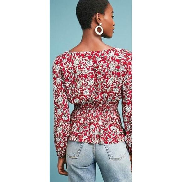 Feather Bone x Anthropologie Womens Latrobe Floral Lace Up Smocked Peplum Blouse - Picture 2 of 10
